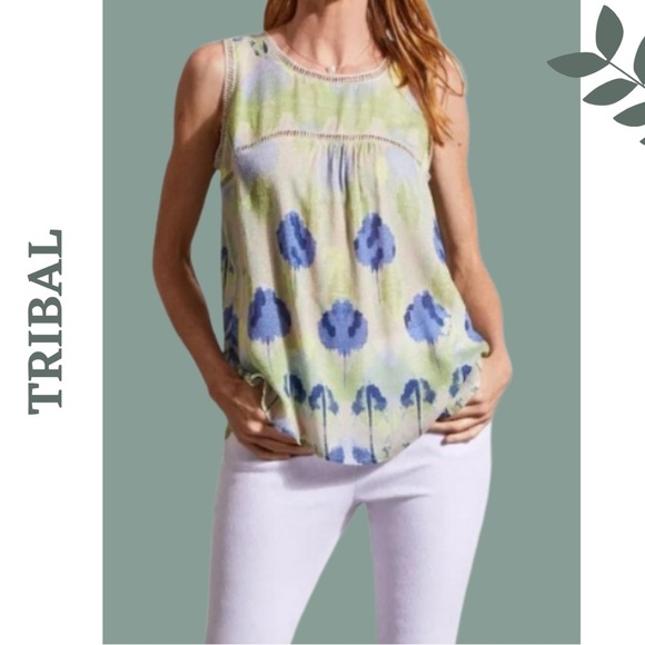 Tribal Blouse Sleeveless Ladder Lace Watercolor Print Blue Green Wild Lime  XS - Picture 1 of 9
